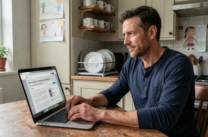 Vader die op zoek is naar ouderlijke adviezen op een online forum vanuit de gezinskeuken