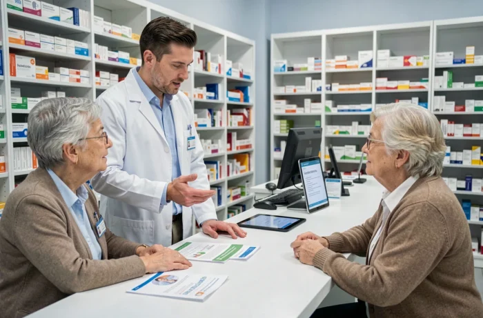 Farmacéutico aconsejando a una pareja de seniors sobre la elección de una mutua de salud en una farmacia