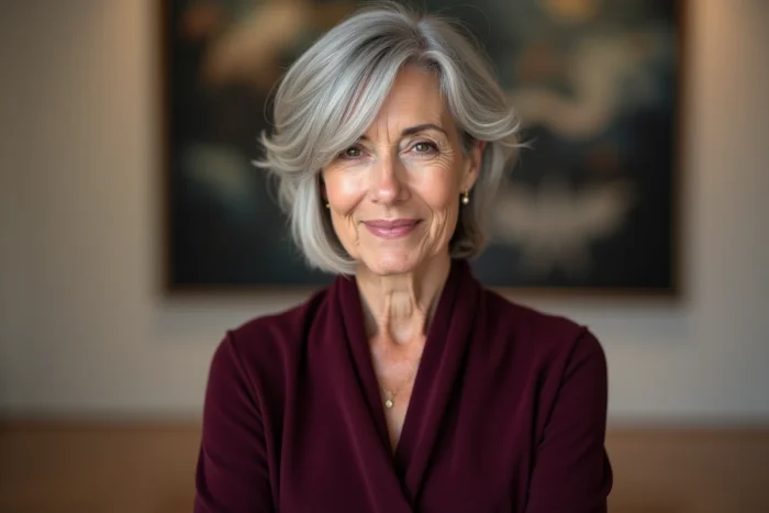 Femme de 70 ans avec un pixie asymétrique, un côté plus long balayant le front, pour casser la symétrie du visage