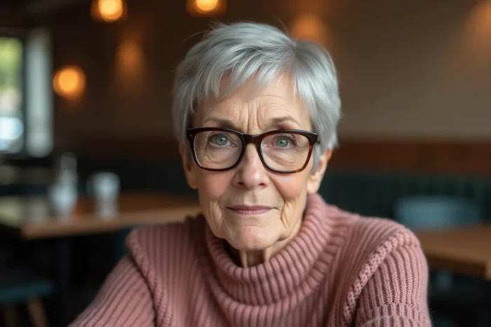Femme de 70 ans avec un pixie et une frange courte équilibrant des lunettes imposantes, coupe soigneusement conçue pour harmoniser le visage