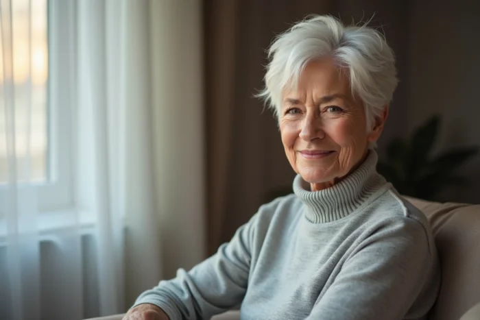 Femme de 70 ans avec une coupe pixie texturée sur cheveux fins, argent et blancs, légèrement ébouriffée pour un rendu naturel et élégant