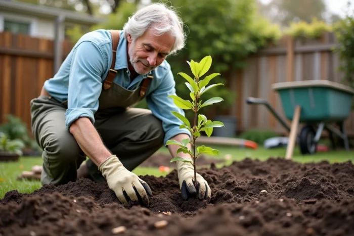 Jardinier plantant un jeune magnolia Vulcan dans une plate-bande enrichie en compost, conseils de plantation au jardin