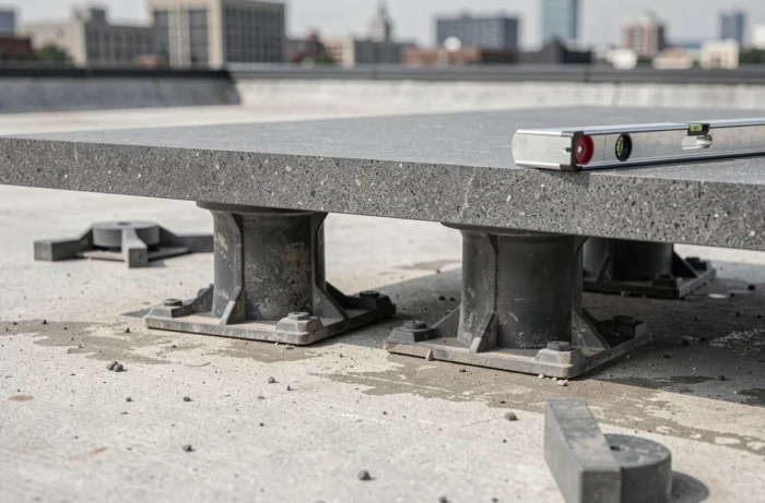 Gros plan sur des plots béton réglables supportant des dalles carrelage 2 cm sur une terrasse en toiture
