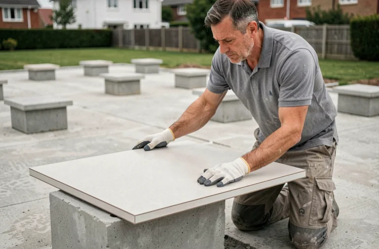 Poseur de carrelage 2 cm plaçant une grande dalle sur plots béton lors de l'installation d'une terrasse extérieure