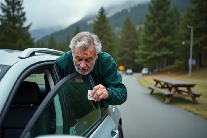 Homme collant une vignette suisse sur le pare-brise d'une voiture dans une aire de repos française