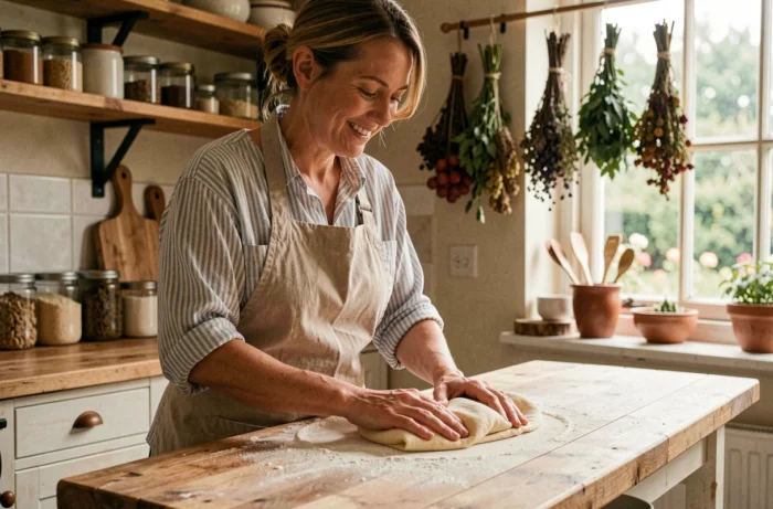 Femme préparant de la pâte fraîche à la main dans une cuisine rustique avec des ingrédients naturels et un tablier en lin