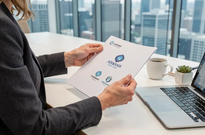 Mains tenant un guide de charte graphique avec des variantes de logo imprimées lors d'une présentation professionnelle en salle de réunion