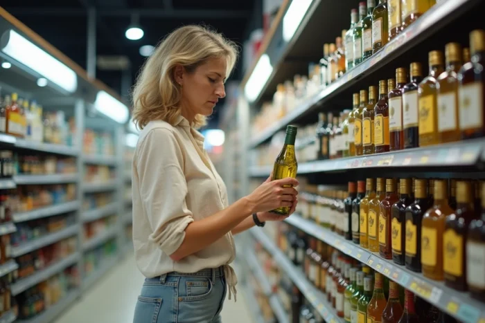 Femme frontalière comparant le prix du Ricard dans une boutique de spiritueux en Espagne près de la frontière française