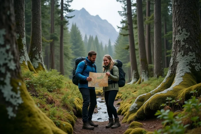 Deux randonneurs étudiant une carte topographique sur un sentier en forêt tempérée de Patagonie