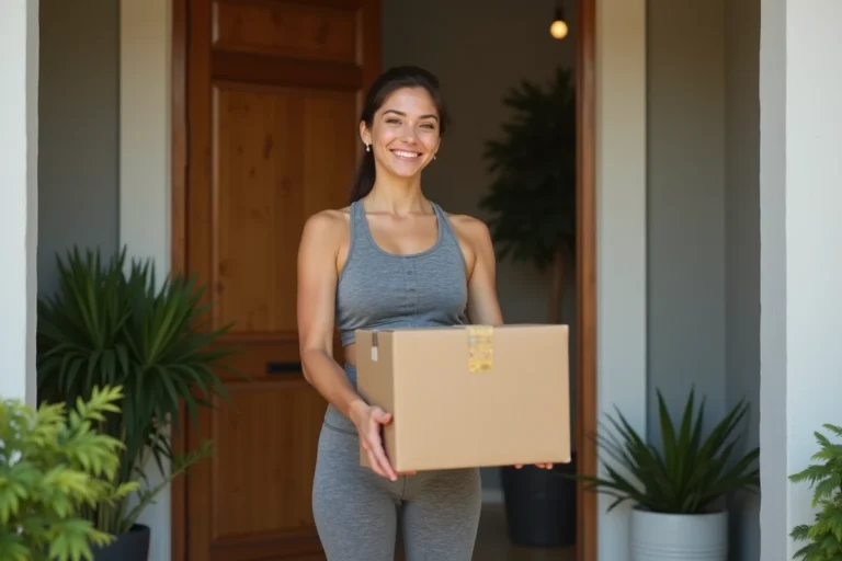 Femme recevant un colis de vêtements de sport Halara devant sa porte d'entrée