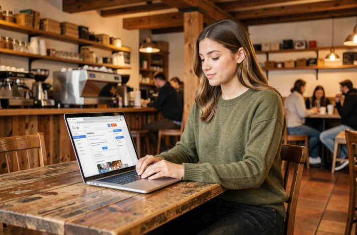 Jonge vrouw die werkt aan de natuurlijke SEO van haar website vanuit een café met haar laptop