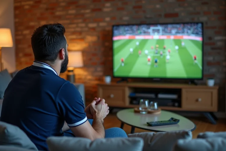 Homme regardant un match de rugby en streaming sur sa télévision depuis son canapé