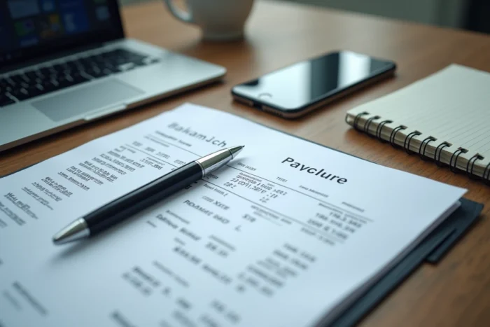 Vue aérienne d'un relevé bancaire papier avec stylo et smartphone affichant une application de gestion de compte