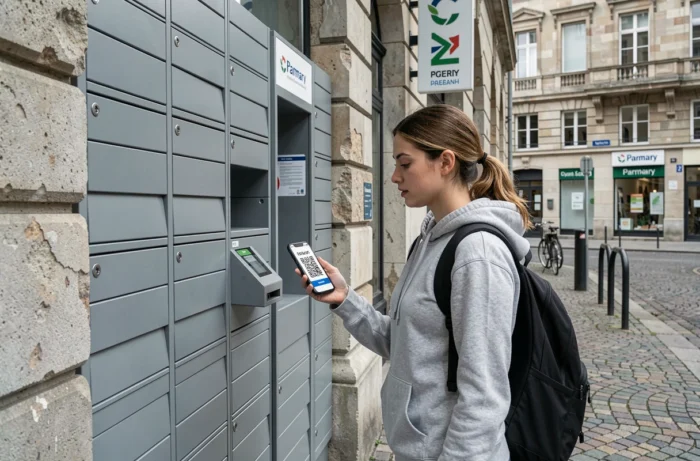 Jeune femme récupérant un colis dans une consigne automatique urbaine sans adresse personnelle fixe