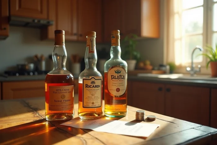 Bouteilles de Ricard et whisky achetés en Espagne posées sur une table avec un ticket de caisse espagnol montrant les économies réalisées