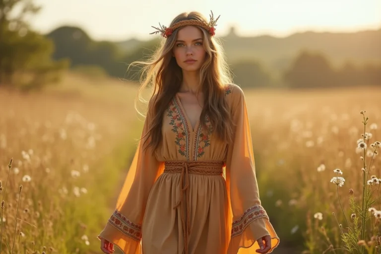 Femme en robe maxi bohème à broderies florales et manches évasées dans une prairie ensoleillée, style hippie années 70