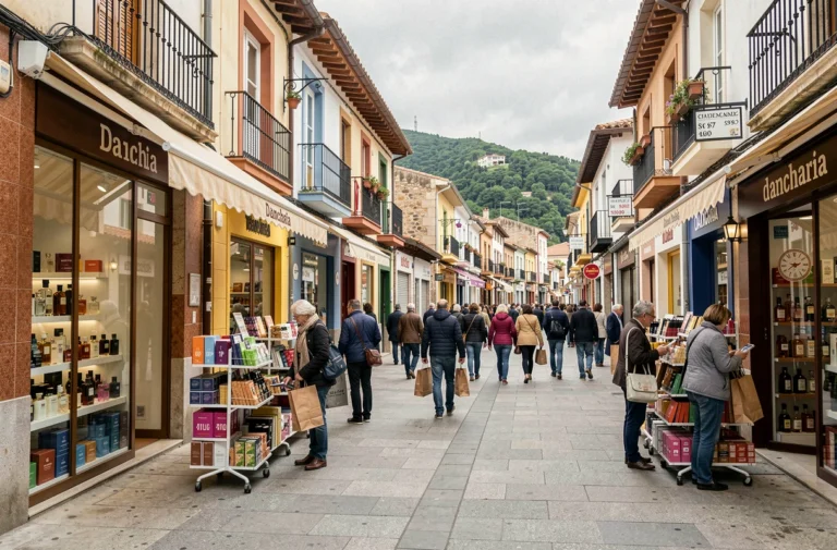 Rue commerçante animée de Dancharia en Espagne avec boutiques de parfums, tabac et alcools et touristes faisant du shopping