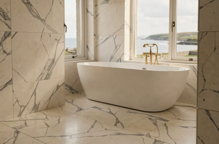 Revêtement de sol et mur en marbre galala dans une salle de bain rénovée en Bretagne près de Vannes