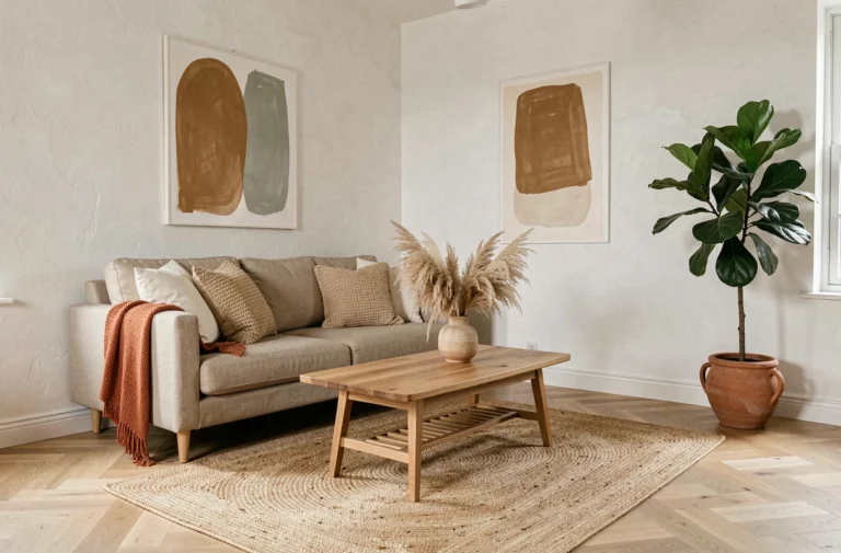 Salon scandinave moderne aux tons terreux avec canapé en lin beige, coussins en tricot épais et tapis jute pour une déco tendance 2024