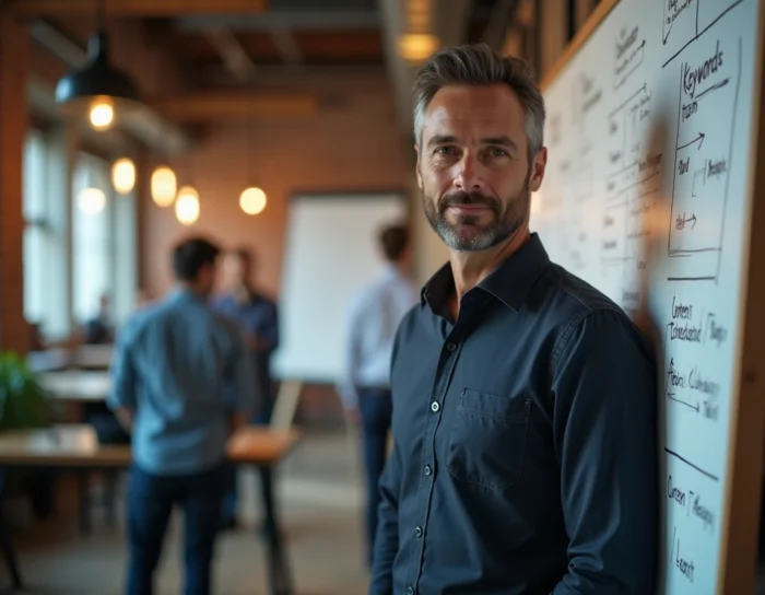 SEO-expert presenteert een SEO-strategie op een whiteboard in een samenwerkingsruimte