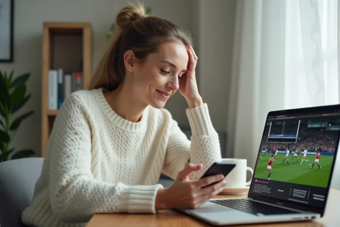 Femme suivant un match de rugby en live sur smartphone et ordinateur portable