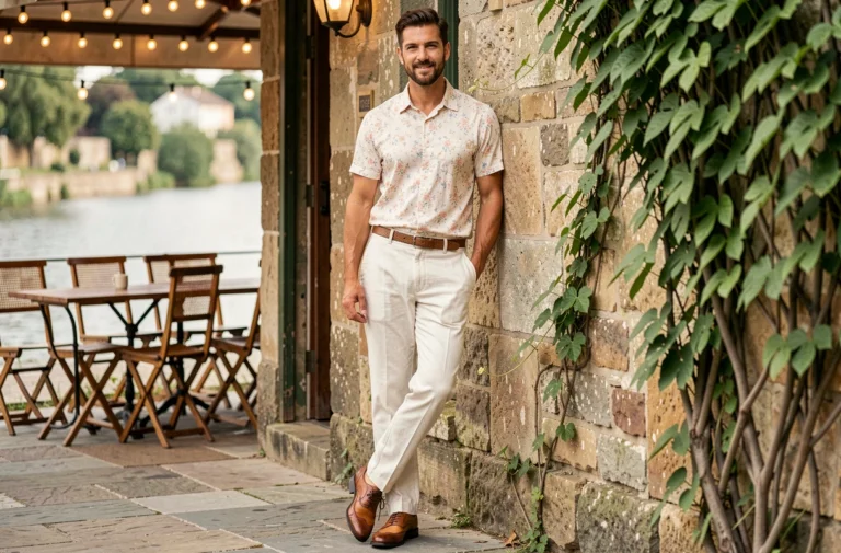Homme en tenue guinguette estivale avec chemise à fleurs et pantalon en lin crème, appuyé contre un mur de pierre au bord d'une rivière