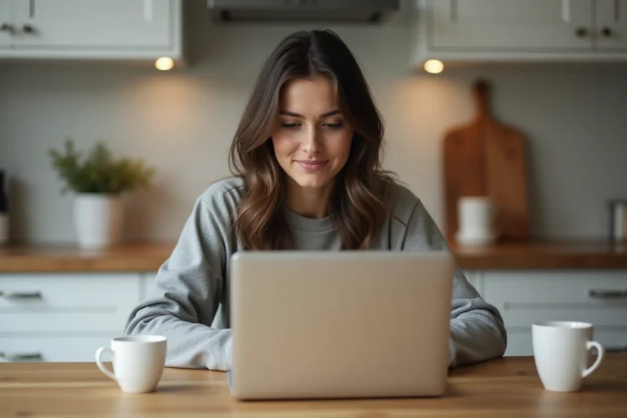 Femme suivant le suivi de livraison d'une commande Halara sur son ordinateur portable