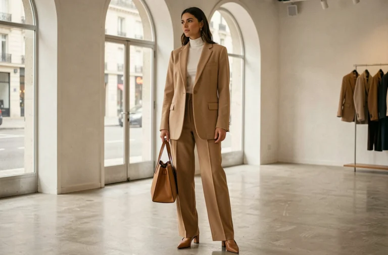 Femme élégante portant un blazer oversize beige et un pantalon large camel dans une boutique parisienne minimaliste, tendances mode incontournables de l'année