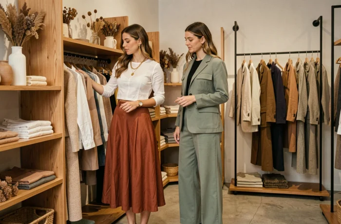 Deux femmes aux styles distinctifs explorant les nouvelles collections dans un concept store tendance, mode automne avec jupes midi et ensembles coordonnés