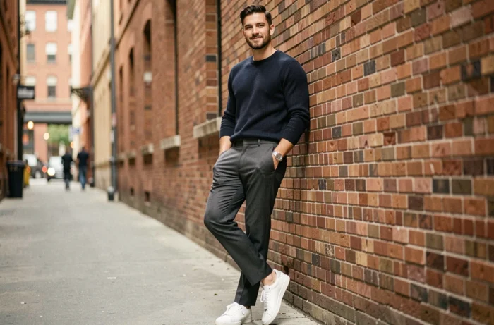 Homme stylé en pull col rond marine et pantalon tailleur charbon appuyé contre un mur en briques urbain, tendances mode masculine affirmée