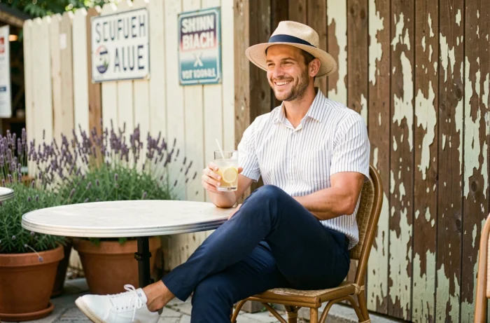 Homme élégant en tenue guinguette rayée avec chapeau canotier assis en terrasse lors d'un événement estival en plein air