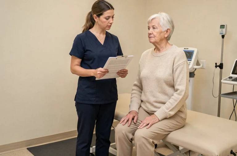 Physiothérapeute utilisant le test de Tinetti pour évaluer l'équilibre d'une patiente âgée en clinique de rééducation