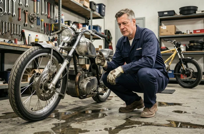 Mécanicien professionnel travaillant sur la transformation d'une moto en trike dans un atelier équipé