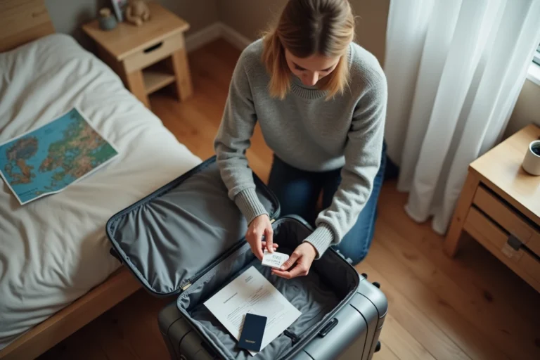 Femme préparant ses bagages avec du paracétamol pour un voyage en Norvège
