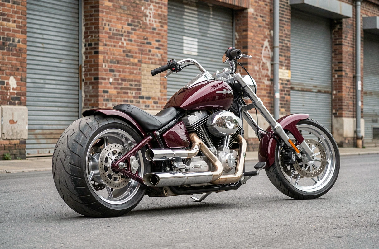Trike personnalisé garé en extérieur montrant les détails de la transformation mécanique et carrosserie