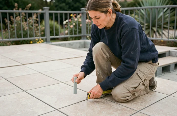 Femme vérifiant l'espacement des joints entre dalles carrelage 2 cm posées sur plots lors de travaux de terrasse