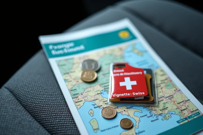 Vignette suisse en emballage avec carte routière et documents sur un siège de voiture avant un trajet en Suisse