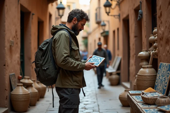 Voyageur masculin découvrant l'artisanat local dans une ruelle pittoresque d'une médina nord-africaine