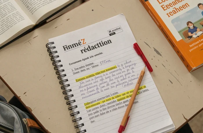 Vue en plongée d'un bureau d'élève avec un sujet de rédaction imprimé en PDF pour la 5ème, un corrigé manuscrit et des stylos posés sur des feuilles lignées